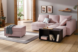 Minkštas kampas L formos Nr155 rūžavas su miego funkcija ir dėže patalynei