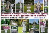Dekoratyviniai betono gaminiai. Lauko, sodo, kiemo skulptūros, fontanai, geliu vazonai, dekoracijos.