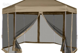 vidaXL Šešiakampė išskleidžiama palapinė su sienomis, taupe, 3,6x3,1m
