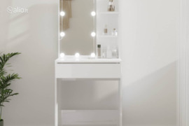 vidaXL Kosmetinis staliukas su LED, baltas, 60x40x140cm, blizgus
