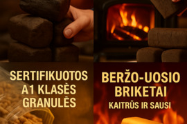 Briketai, granulės, anglys, durpės