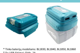 Makita 14.4-18V baterijos adapteris: žibintuvėlis, USB 5v pakrovėjas
