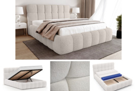 Nauja kreminė miegamojo lova “Klaud” 180x200cm su čiužiniu, patalynės dėže ir antčiužiniu