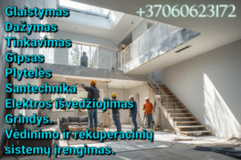 Glaistymas Dažymas Tinkavimas Gipsas Plytelės Santechnika Elektros Grindys išvedžiojimas Tapetavimas