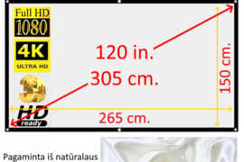 Projektoriaus ekranas, įstrižainė - 120 colių = 305 cm, 265x150 cm., 16:9 santykio, sulankstomas