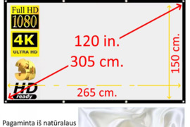 Projektoriaus ekranas, įstrižainė - 120 colių = 305 cm, 265x150 cm., 16:9 santykio, sulankstomas