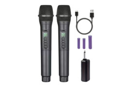 2 belaidžiai mikrofonai su garso reguliavimu ir USB-C įkrovimu, juodos spalvos