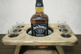 Rankų darbo medinis butelio ir taurelių laikiklis