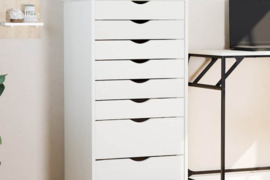 vidaXL Spintelė su ratukais MOSS, balta, pušies masyvas