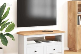 vidaXL Kampinė TV spintelė Panama, balta, 93x49x49cm, pušies masyvas