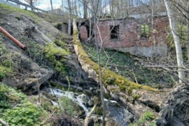 Žemės sklypas su apgriuvusiu statiniu prie upelio