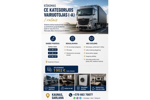 Ieškomas Ce kat. vairuotojas / ratais Lt/de/lt