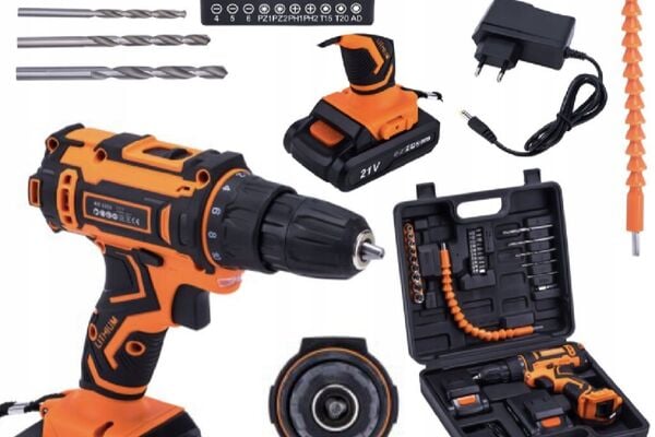 Akumuliatorinis gręžtuvo-suktuvo rinkinys 21 V 2 Ah + priedai Kd3353