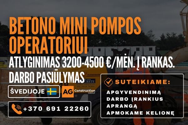 Darbas Švedijoje - Betono mini pompos operatoriui