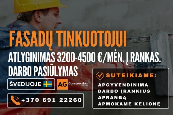 Darbas Švedijoje - fasadų tinkuotojui